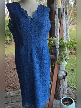 Vintage Handmade Cornflower Blue Lace Overlay Midi Dress Size 10